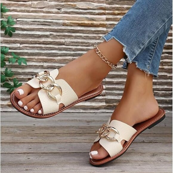 Women's Open Toe Chain Flat Sandals Faux Leather Summer Slippers Slip on Slides - Picture 2 of 4